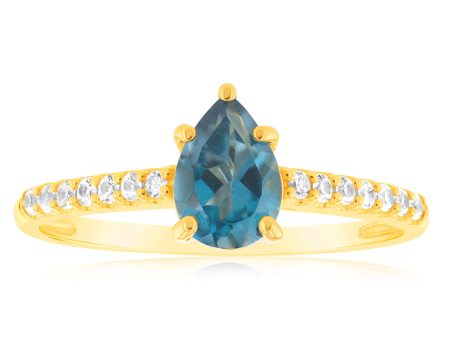 1 London Blue Topaz, 12Created Sapphire & 2 Single Cut Diamonds in 9ct Yellow Gold Ring Online