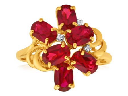 9ct Yellow Gold 6 Oval Created Ruby + 3 Diamond Ring Sale