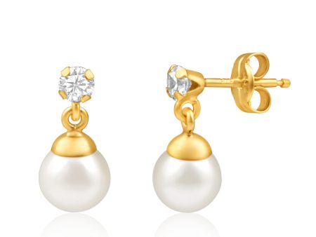 9ct Dazzling Yellow Gold Cubic Zirconia + Pearl Drop Earrings For Cheap