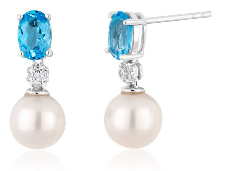 9ct White Gold Pearl & Blue Topaz Earrings with Diamonds For Discount