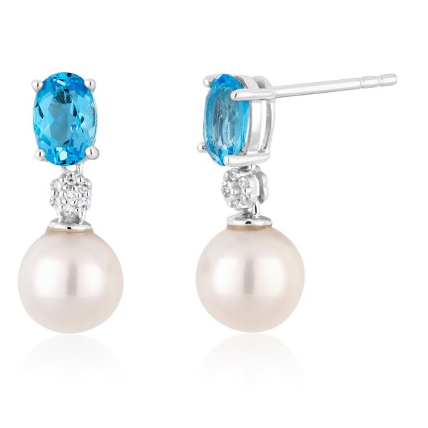 9ct White Gold Pearl & Blue Topaz Earrings with Diamonds For Discount