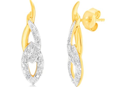 9ct Yellow Gold Twisted Drop Earrings in 12 Diamonds Online Sale