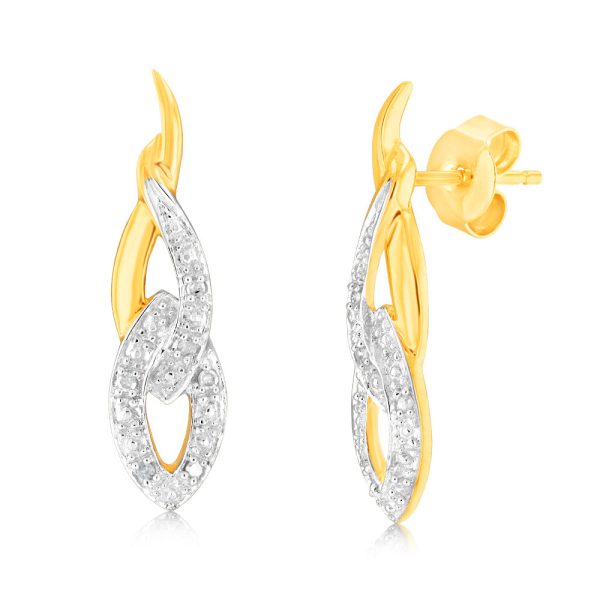 9ct Yellow Gold Twisted Drop Earrings in 12 Diamonds Online Sale