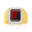 9ct Yellow Gold 12x10mm Emerald Cut Garnet and Diamond Halo Gents Ring Hot on Sale