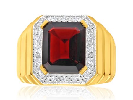 9ct Yellow Gold 12x10mm Emerald Cut Garnet and Diamond Halo Gents Ring Hot on Sale