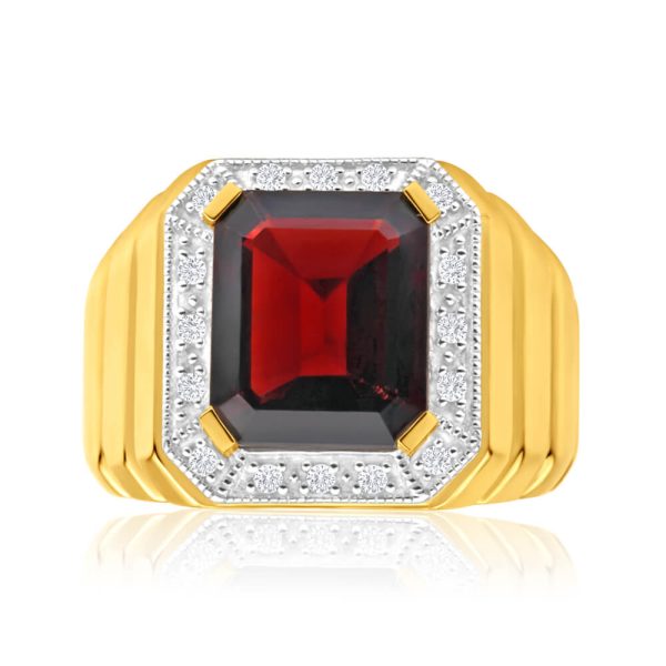 9ct Yellow Gold 12x10mm Emerald Cut Garnet and Diamond Halo Gents Ring Hot on Sale