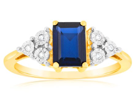 9ct Yellow Gold 7mm Created Sapphire And Diamond Ring Hot on Sale