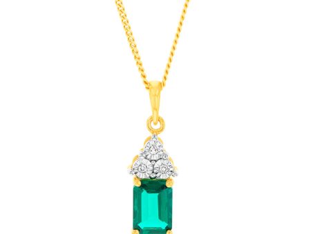 9ct Yellow Gold 7mm Created Emerald And Diamond Pendant Online Sale