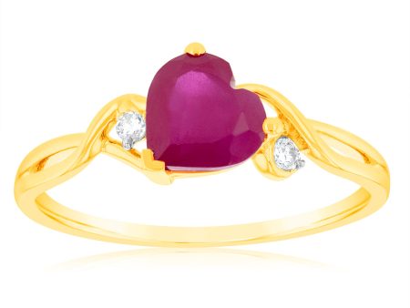 9ct Yellow Gold 7mm Created Heart Ruby And Diamond Ring Online