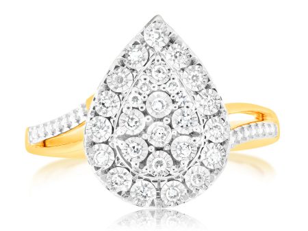 9ct Yellow Gold Lab Grown Pear Shaped Ring With 27 Brilliant Diamonds Online now