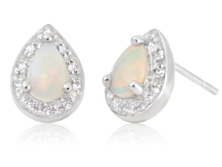 9ct White Gold White Opal and Diamond Pear Stud Earrings Sale