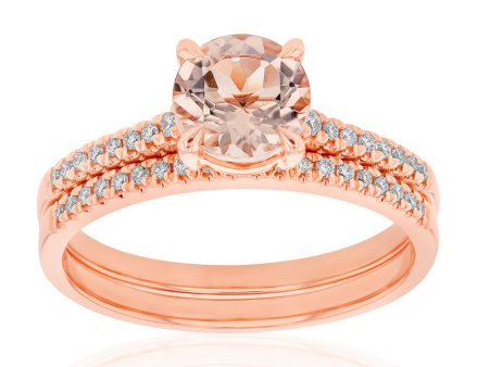 9ct Rose Gold 1.20ct Morganite Round and Diamond 2 Ring Bridal Set Online now