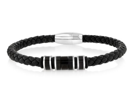 Stainless Steel Black Leather 21cm Bracelet Discount