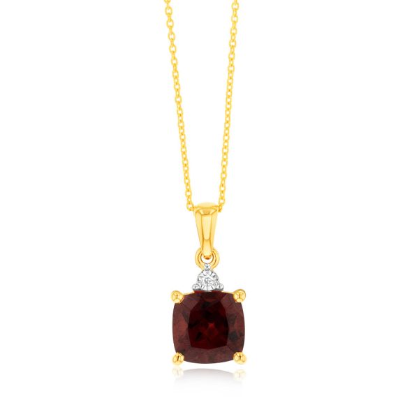 9ct Yellow Gold 1.85ct Garnet and Diamond Pendant on 45cm Chain Cheap