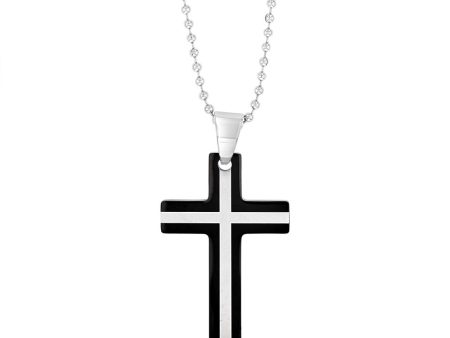 Stainless Steel Black And Silver Two Tone Cross Pendant On 60.9cm Ball Chain on Sale