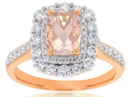 18ct Rose Gold 1.25 Carat Morganite and Diamond Double Halo Ring For Discount