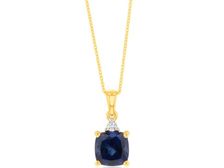 9ct Yellow Gold 2ct Created Blue Sapphire and Diamond Pendant On 45cm Chain Online now