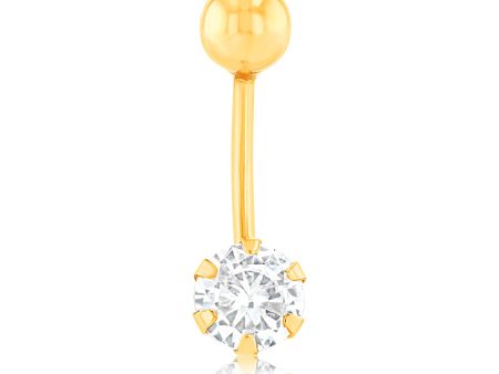 9ct Yellow Gold 6mm White Round Zirconia Belly Bar on Sale