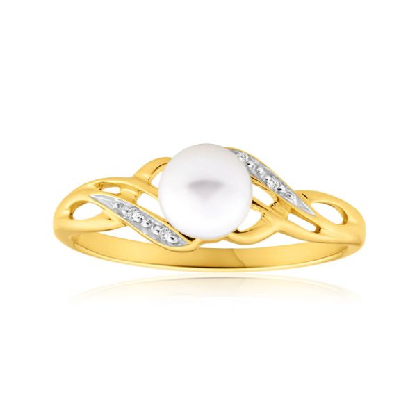 9ct Elegant Yellow Gold Diamond + Pearl Ring on Sale