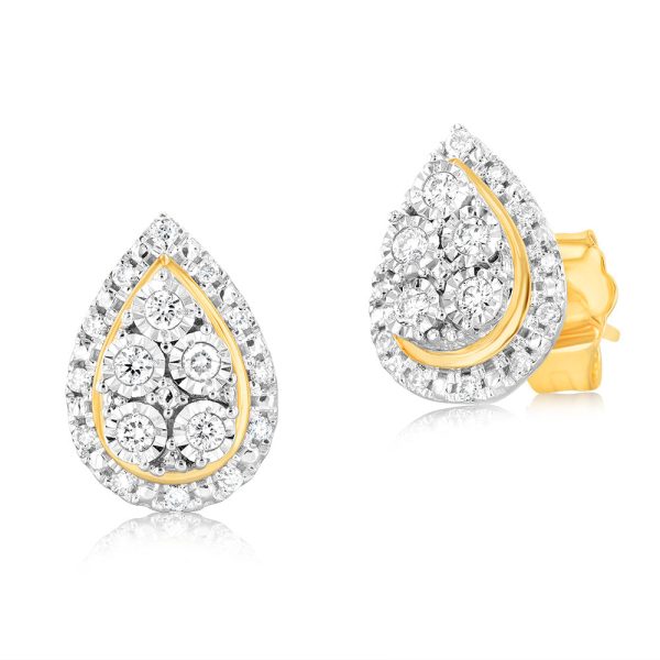 9ct Yellow Gold 1 6 Carat Diamond Pear Stud Earrings For Sale