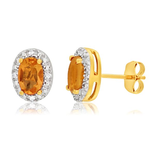 9ct Yellow Gold & White Gold Citrine + Diamond Stud Earrings Online