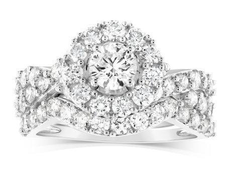 14ct White Gold 1.95 Carat Diamond Halo Bridal 2 Ring set with Brilliant Cut Diamonds Discount