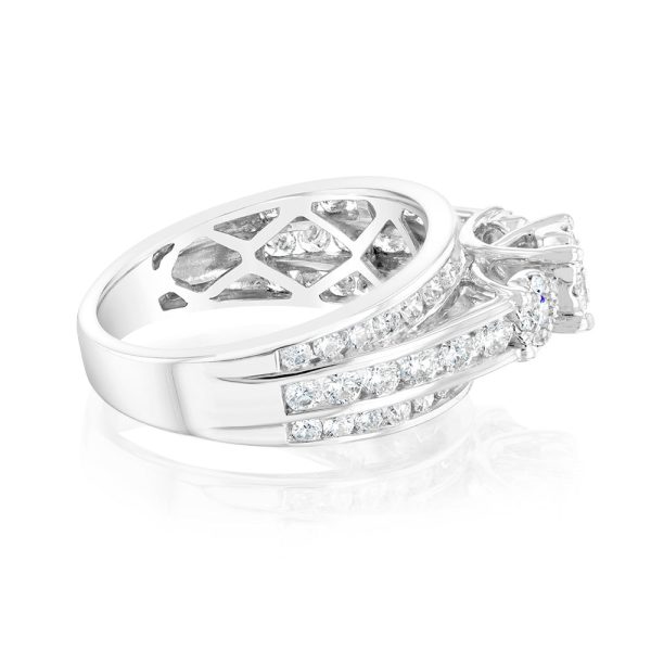 14ct White Gold 1.5 Carat Diamond Trilogy Ring with 3 Round Brilliant Cut Diamonds Surrounded by Diamond Halos and Channel Set Band Discount