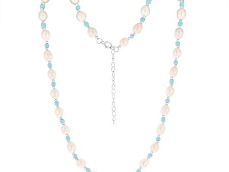 White Freshwater Pearl Chain with Blue & Silver Beads in Sterling Silver Sale