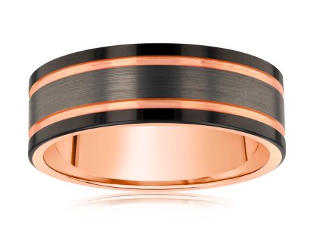 Grey And Black Strips 8mm Wide Rose Gold Tungsten Ring Discount