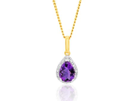 9ct Yellow Gold  Amethyst And Diamond Pear Pendant For Sale