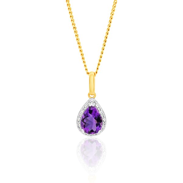 9ct Yellow Gold  Amethyst And Diamond Pear Pendant For Sale