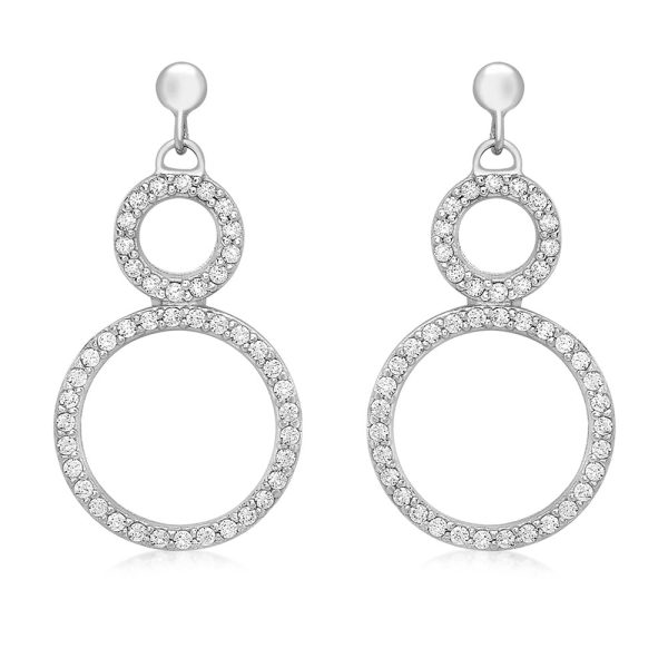 9ct White Gold Zirconia Double Circle Drop Earrings Online Hot Sale