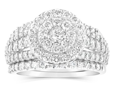 14ct White Gold 1.95 Carat Diamond Halo Bridal 3 Ring set with Brilliant Cut Diamonds For Discount