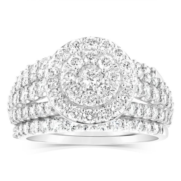 14ct White Gold 1.95 Carat Diamond Halo Bridal 3 Ring set with Brilliant Cut Diamonds For Discount