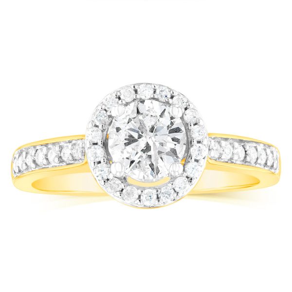 14ct Yellow Gold 1 Carat Brilliant Cut Diamond Halo Solitaire Ring with Diamonds on Shank For Cheap