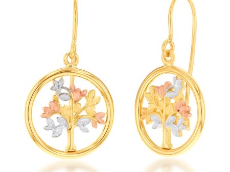 9ct Three Tone Gold, White And Rose Gold Tree Of Life Drop Earrings For Cheap