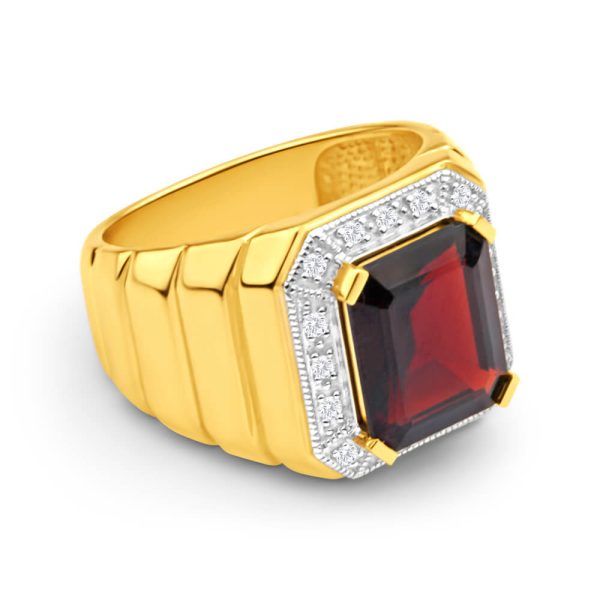 9ct Yellow Gold 12x10mm Emerald Cut Garnet and Diamond Halo Gents Ring Hot on Sale