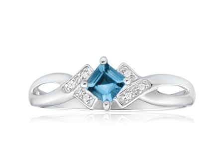 9ct White Gold Princess Cut Aquamarine + Diamond Ring on Sale