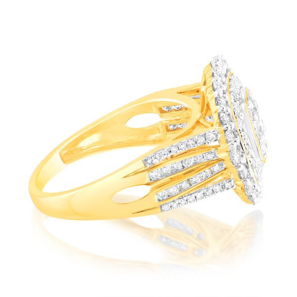 9ct Yellow Gold 1 Carat Diamond Ring with 107 Round Brilliant and Baguette Diamonds Hot on Sale