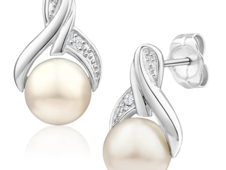 9ct White Gold Freshwater Pearl and Diamond Stud Earrings For Discount