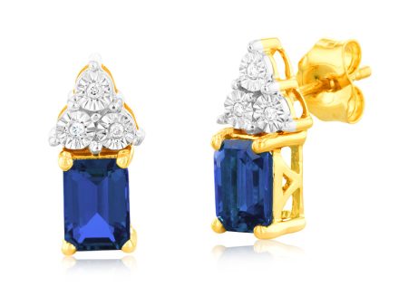 9ct Yellow Gold 6mm Created Sapphire And Diamond Stud Earrings Cheap