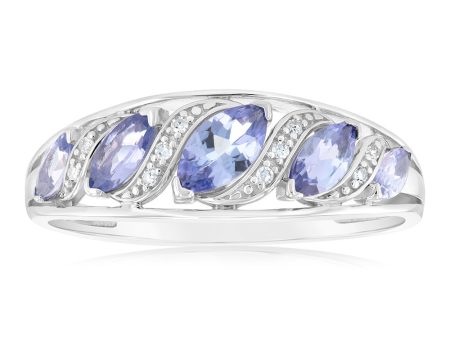 6 Marquise Ct Tanzanite Ring & 10 Diamonds in 9ct White Gold Hot on Sale