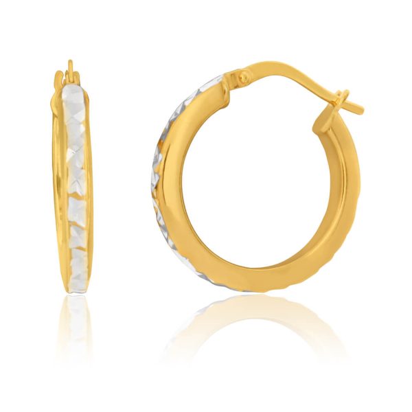 9ct Yellow Gold Silver Filled Diamond Cut 15mm Hoops Earrings on Sale