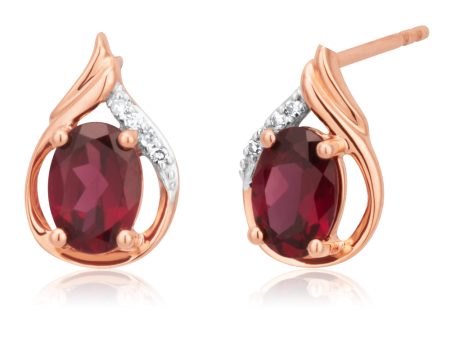 9ct Rose Gold 7x5mm Oval Rhodolite Garnet and Diamond Stud Earrings For Cheap