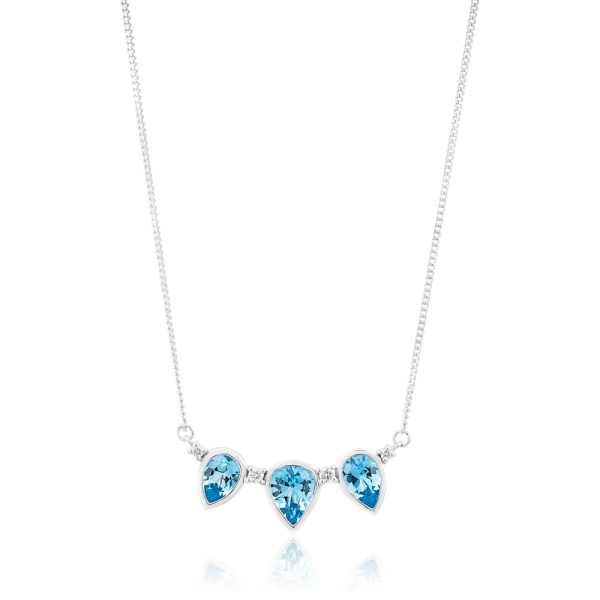 9ct White Gold Light Swiss Blue Topaz Teardrop Trio and Diamond Set Chain 40cm For Sale