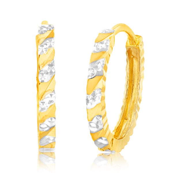 9ct Yellow And White Gold Diamond Cut Fancy Hoop Earrings Supply