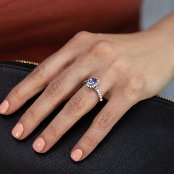 9ct White Gold Tanzanite and Diamond Oval Halo Ring Discount