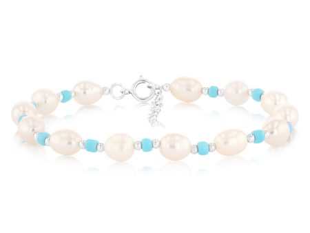 White Freshwater Pearl Bracelet with Blue & Silver Beads in Sterling Silver Fashion