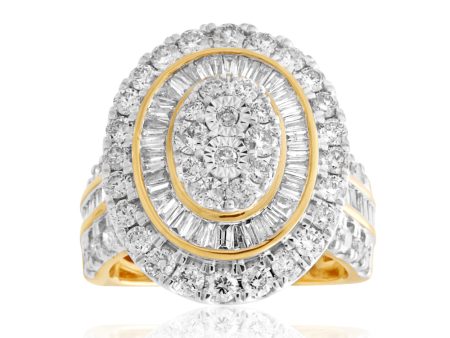 9ct Yellow Gold 3 Carat Oval Cluster Diamond Ring with Brilliant & Baguette Diamonds Online