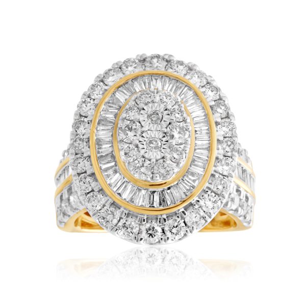 9ct Yellow Gold 3 Carat Oval Cluster Diamond Ring with Brilliant & Baguette Diamonds Online